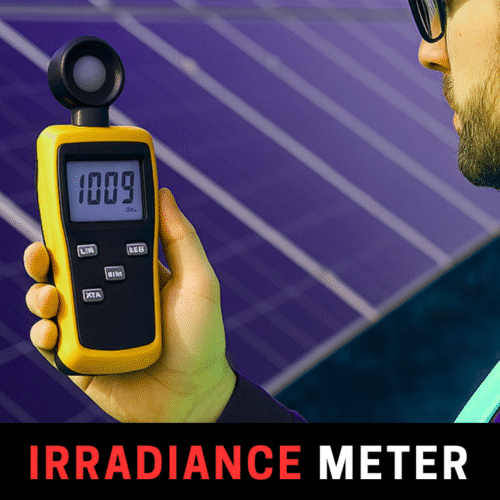 Engineer in safety gear using a handheld irradiance meter displaying 1009 W/m² in front of solar panels under bright sunlight with a subtle green and purple gradient sky, representing solar energy measurement accuracy by Zorays Solar
