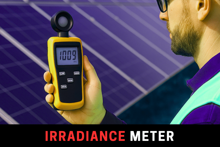 Engineer in safety gear using a handheld irradiance meter displaying 1009 W/m² in front of solar panels under bright sunlight with a subtle green and purple gradient sky, representing solar energy measurement accuracy by Zorays Solar