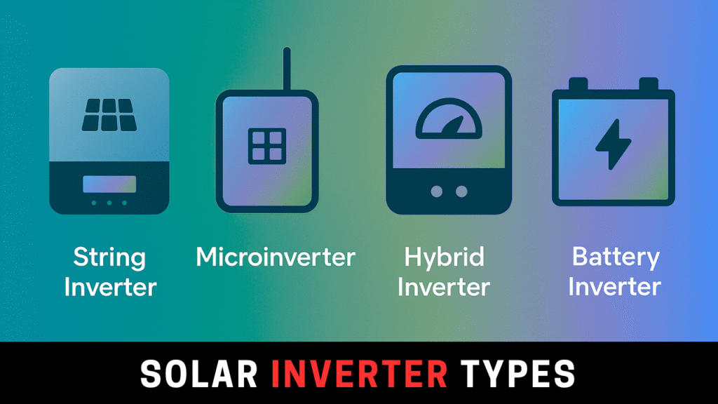 Solar inverter types comparison — String inverter, Microinverter, Hybrid inverter, and Battery inverter
