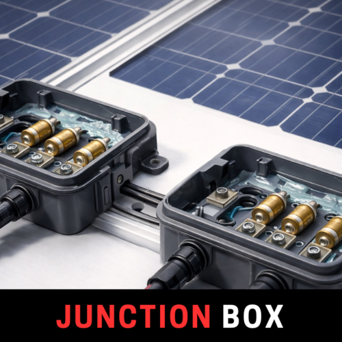 Solar panel junction box with bypass diodes connected to half-cut photovoltaic module strings.