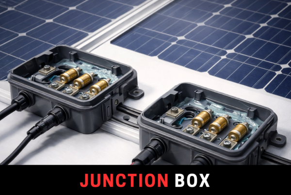 Solar panel junction box with bypass diodes connected to half-cut photovoltaic module strings.
