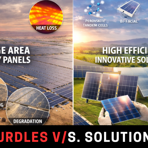 Large solar farm illustrating efficiency challenges versus next-generation photovoltaic technologies like bifacial and perovskite tandem cells.