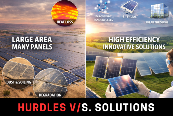 Large solar farm illustrating efficiency challenges versus next-generation photovoltaic technologies like bifacial and perovskite tandem cells.