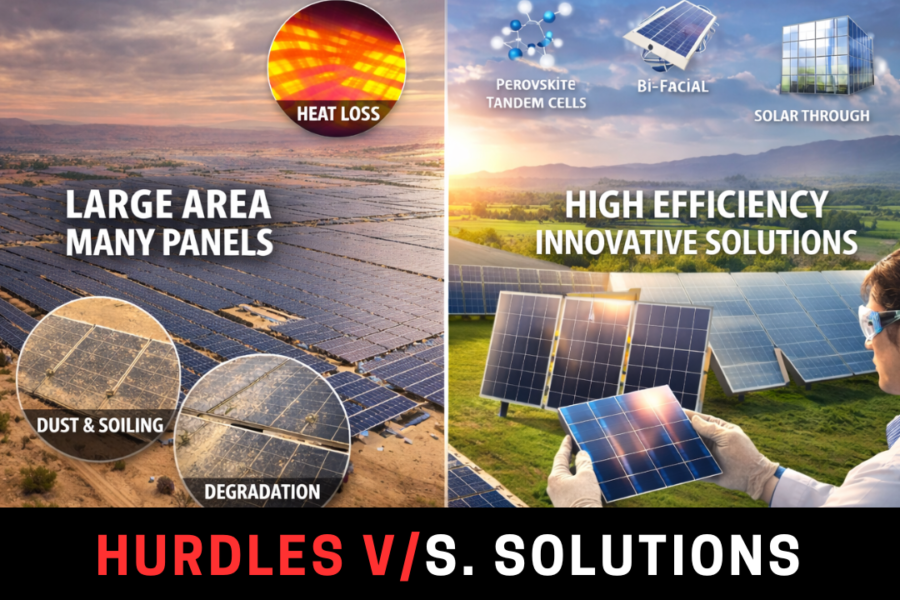 Large solar farm illustrating efficiency challenges versus next-generation photovoltaic technologies like bifacial and perovskite tandem cells.