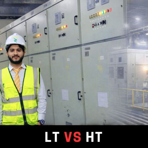 Electrical engineer inspecting LT and HT panels inside industrial switchgear room highlighting power distribution systems