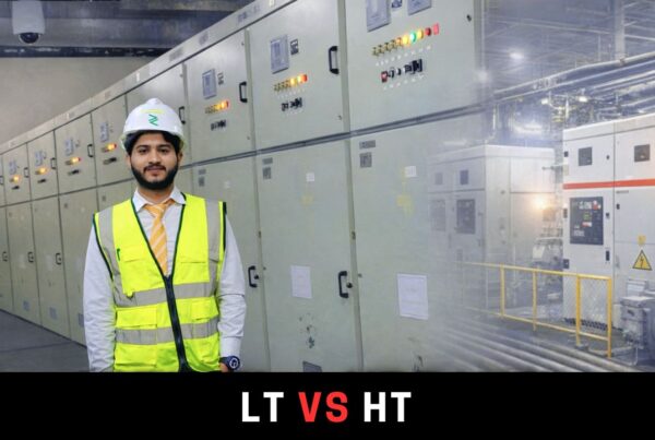 Electrical engineer inspecting LT and HT panels inside industrial switchgear room highlighting power distribution systems