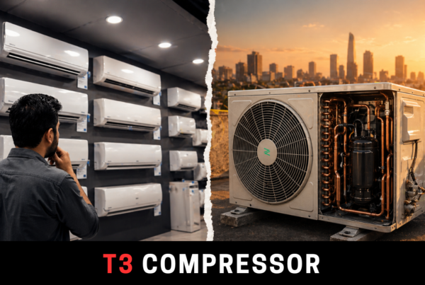Comparison of AC marketing claims versus real inverter AC hardware including T3 compressor and double-row condenser in Pakistan