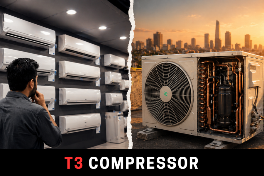 Comparison of AC marketing claims versus real inverter AC hardware including T3 compressor and double-row condenser in Pakistan