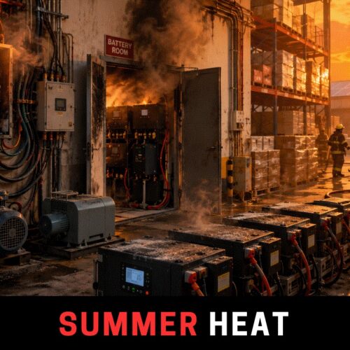Overheated electrical systems and lithium battery fire risk inside a Pakistani warehouse during extreme summer heat