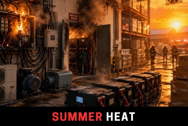 Overheated electrical systems and lithium battery fire risk inside a Pakistani warehouse during extreme summer heat