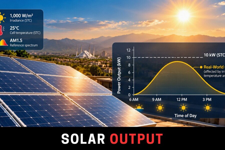 Rooftop photovoltaic installation with an illustrative daily power curve comparing actual solar generation against a 10 kW nameplate rating.