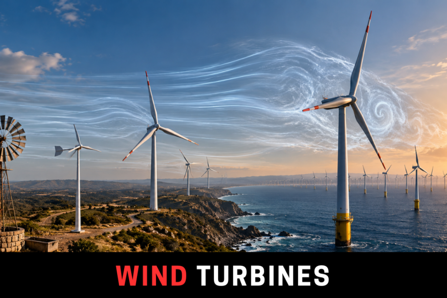 Wind turbine extracting energy while moving air continues through the rotor into a slower downstream wake