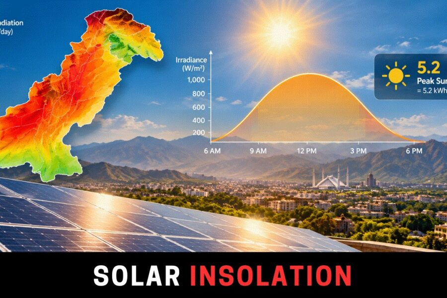 Illustration of Pakistan's solar energy potential featuring a solar installation, sunlight and the concept of equivalent peak sun hours.