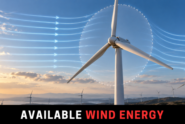 Utility-scale wind turbine extracting energy from moving air across its rotor swept area.