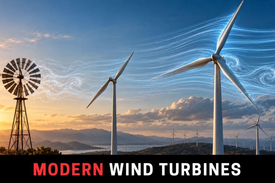 Traditional multi-blade windmill compared with a modern three-bladed wind turbine