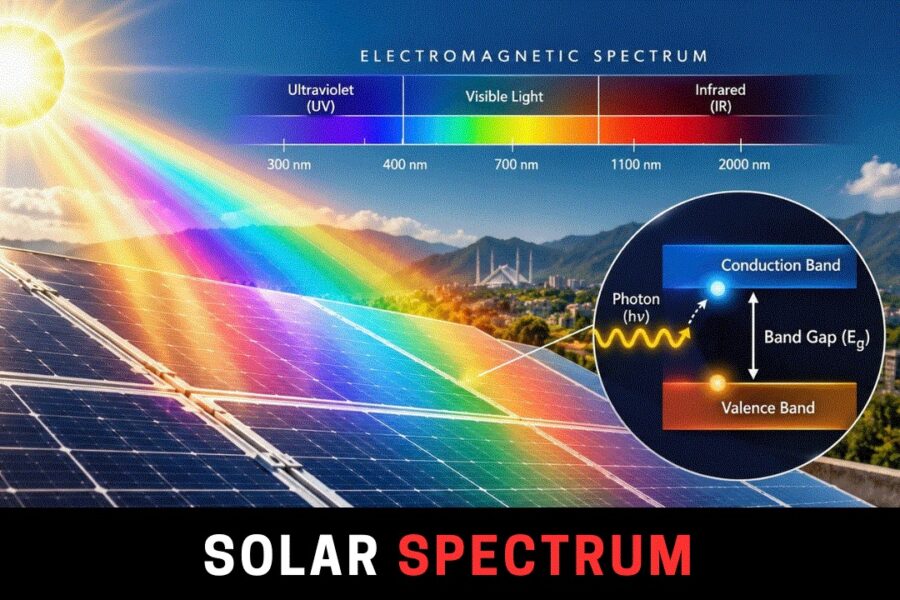 Solar panel receiving sunlight across the electromagnetic spectrum, illustrating visible and near-infrared photons and semiconductor band-gap energy.