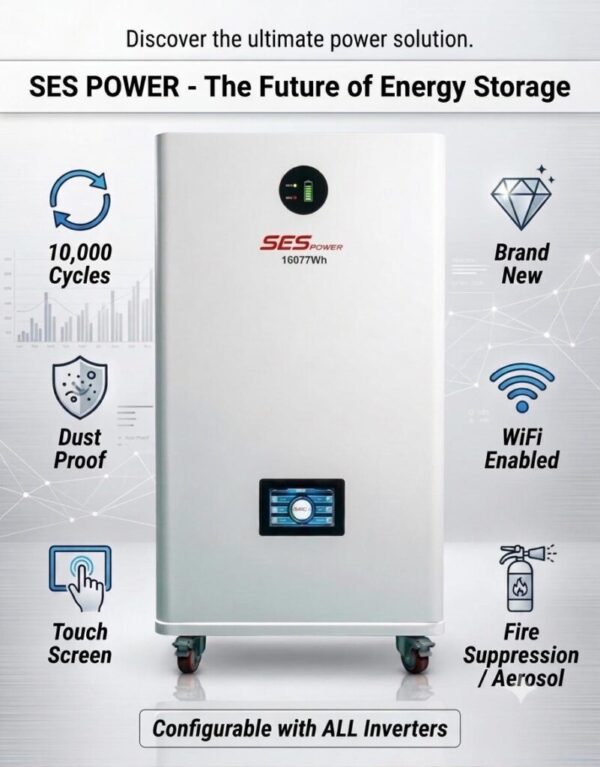 SES Powerwall 51.2V 314Ah Lithium Battery | 16.077kWh LiFePO4 Solar Storage | Smart BMS | Touch LCD | 10000+ Cycles | Hybrid Inverter Compatible | 10 Years Warranty